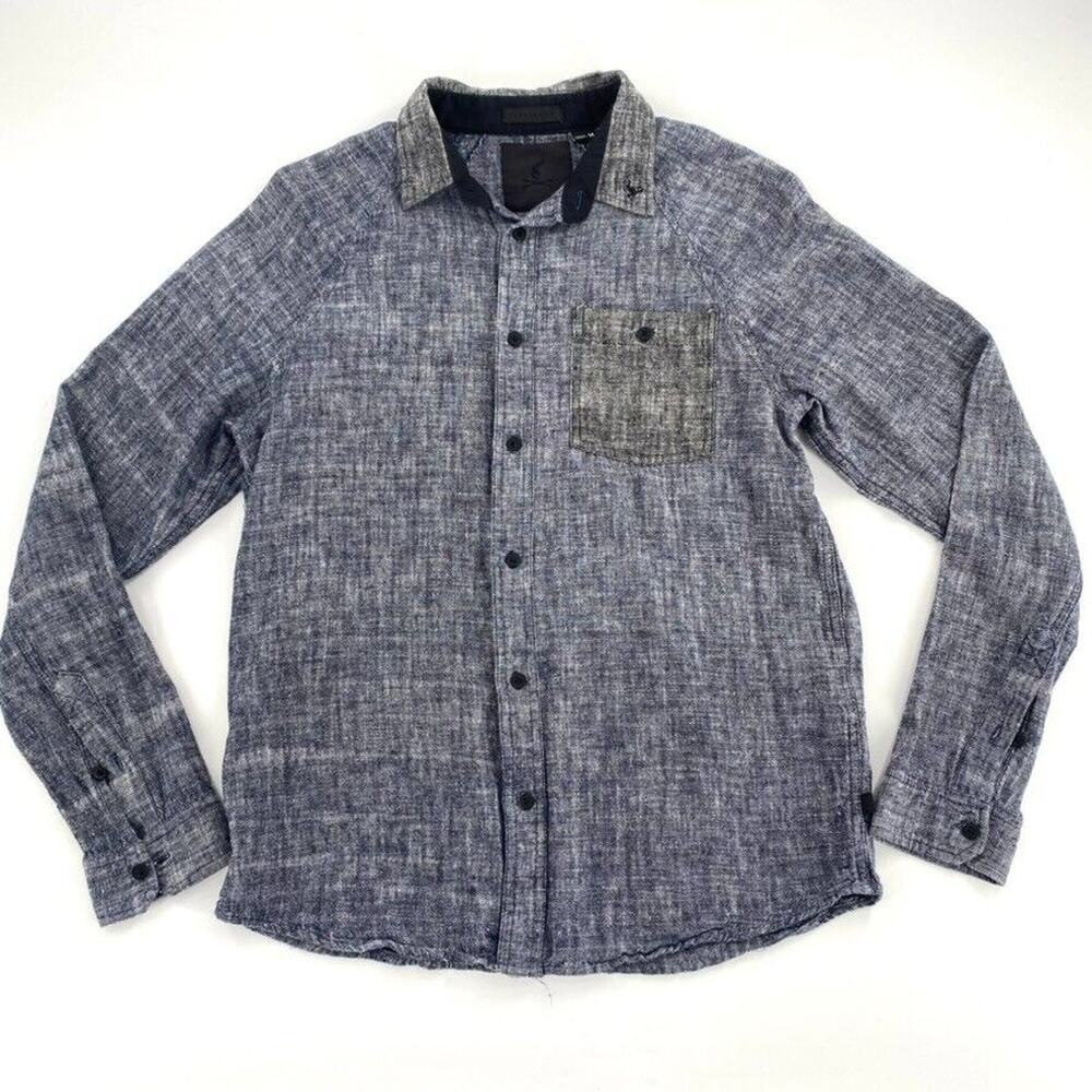 Sandanista Button Front Shirt Womens Sz M Blue Black Linen Blend Coastal Grandma
